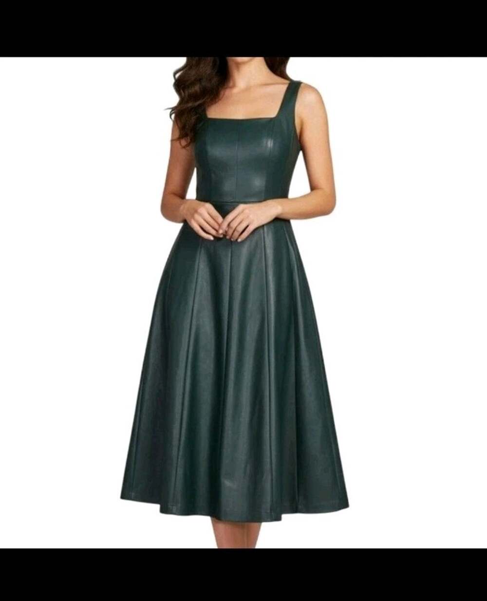 NWOT FATE Dark Green Vegan LEATHER Sleeveless Detail Small FIT & FLARE Dress S
